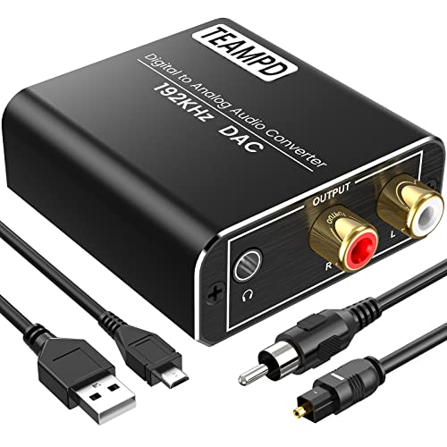 192KHz Convertidor Digital a Analógico, Aluminio TEAMPD DAC Audio Óptico Coaxial(RCA) Toslink SPDIF a Audio Estéreo RCA L/R y Jack 3.5mm con Cable Óptico y Cable USB DC/5V para PS3, PS4, Xbox,HDTV,DVD