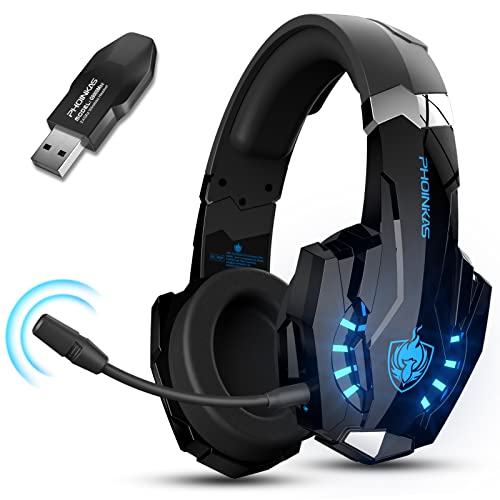 PHOINIKAS Auriculares Gaming 2.4GHz, Auriculares Inalámbricos para PS4/PS5/PC, Dongle USB y Cable de Audio de 3,5 mm, Micrófono con Cancelación de Ruido Desmontable, Estéreo 7.1, Luces LED