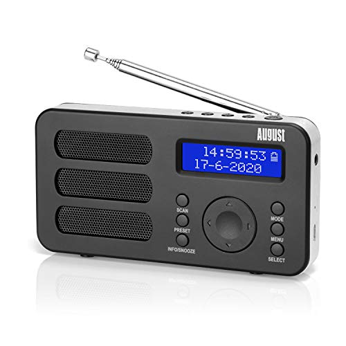 Radio Portátil Digital FM Dab Plus - August MB225 Pequeña Radio VHF Inalambrica con Batería Recargable - 40 presintonías Pantalla LCD Casa Trabajo, Enchufable Jack 3.5mm Dual Alarma Despertador Negro