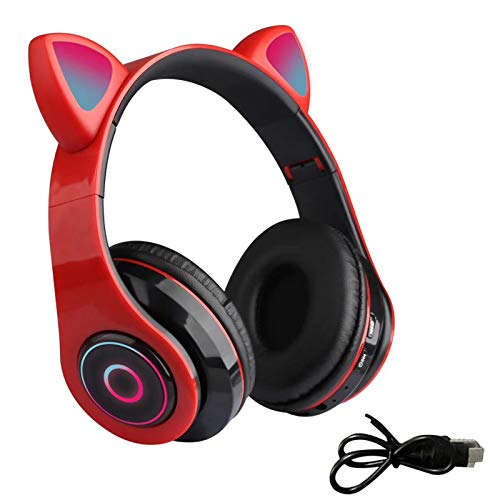 Auriculares inalámbricos Bluetooth con orejas de gato, auriculares con luz LED para niños, con micrófono para IOS/Android/PC/Laptop/Tablet/teléfonos móviles