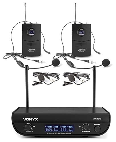 Vonyx WM82B Sistema de micrófono inalámbrico Digital UHF de 2 Canales, 2X micrófono de Diadema y transmisor de Bolsillo, Alcance de hasta 50 m, maletín de Transporte