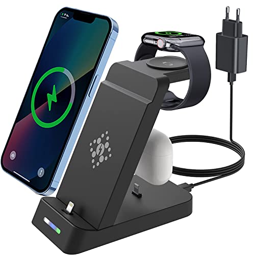 Cargador inalámbrico, 3 en 1 estación de Carga inalámbrica inductiva Compatible con iPhone 12/13/14/Pro/Max/Plus/XR/Mini/Apple Auriculares 3/2/Pro/Apple Watch 8/7/6/5/SE (con QC3.0 Adaptador)