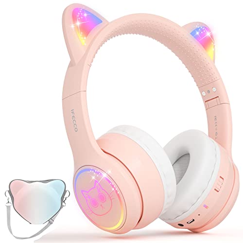 iFecco Auriculares Bluetooth para Niños con Micrófono,Auriculares Niños Inalambricos con Estuche,Led Light Cat Ear Auriculares para Cumpleaños Viajes Escuela Regalos