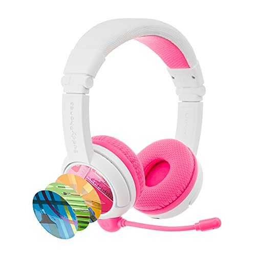 ONANOFF BuddyPhones School + Auriculares inalámbricos con limitación de Volumen para niños con micrófono de Brazo - Auriculares Bluetooth de Audio Seguro Que mejoran la Voz, Rosa