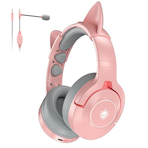 YOTMS Auriculares para PC, Auriculares con Cable para PS5, PS4, Switch, Auriculares sobre la Oreja con Micrófono, Lindas Rrejas de Gato, Auriculares Portátiles Bluetooth Sólo para el Teléfono (Rosa)