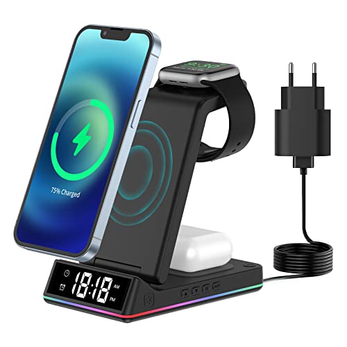 Carga inalámbrica inductiva 3 en 1 con Reloj de luz Nocturna, con Adaptador QC 3.0 de 18 W, Compatible con iPhone 14/13/12/11/X/XR Series, iWatch 8/7/6/SE/5/4/ 2, Airpods 2/3/Pro