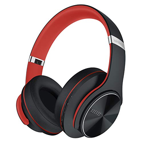 DOQAUS Auriculares Inalámbricos Diadema,[52 Hrs de Reproducción] Hi-Fi Sonido,Cascos Bluetooth con 3 Modos EQ,Micrófono Incorporado y Doble Controlador de 40 mm,para Móviles/Xiaomi/TV-Negro Rojo