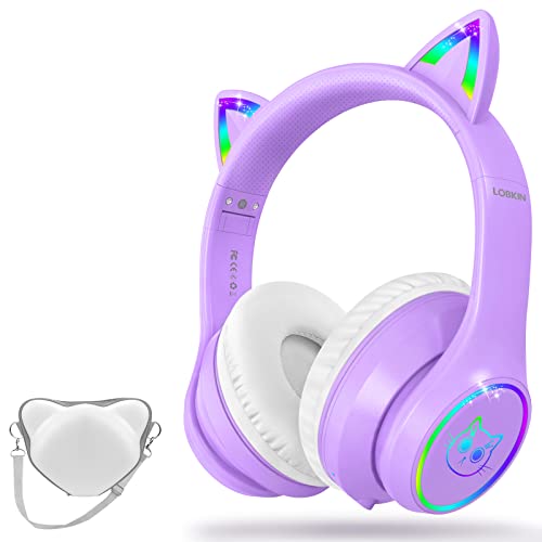 LOBKIN Auriculares Bluetooth 5.1 para Niños con Bolsillo - Luz LED RGB Orejas de Gato Plegables Estéreo Soporte Inalámbrico y Cable de 3,5 mm - Auriculares Infantiles para Niñas y Niños Pequeños