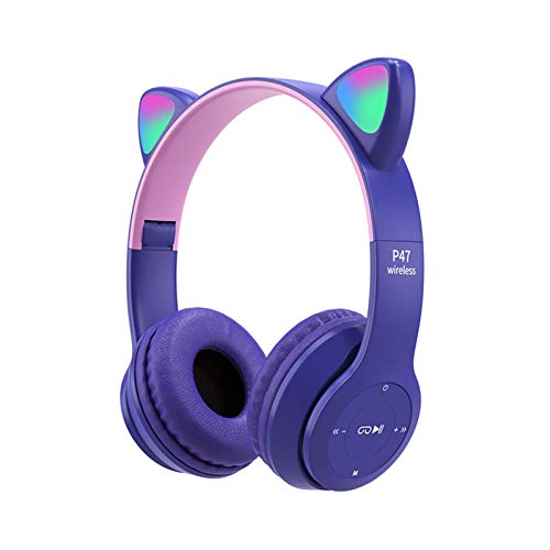 TGUS Auriculares inalámbricos para juegos, auriculares con luz LED en forma de oreja de gato, auriculares estéreo con Bluetooth luminosos de dibujos animados, para niños y adultos (morado)