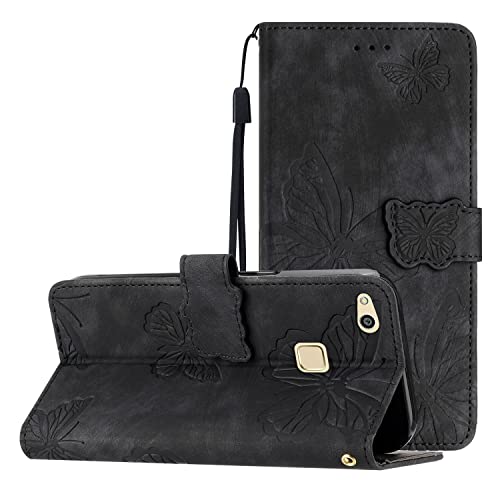 Yiscase Funda de piel compatible con Huawei P10 Lite, diseño de mariposa, con tarjetero, función atril, color negro