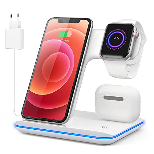 Cargador Inalámbrico, 3-in-1 Qi Wireless Charger con Stación de Carga Soportes de Carga para Apple Watch 8/7/SE/6/5/4/3/2 andiPhone 14/13/12/11 Pro MAX XS/XR/X/ 8 Plus AirPods…