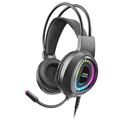 Mars Gaming MH220, Cascos Gaming ARGB SuperBass, Micrófono Flexible, Ultraligero, Negro