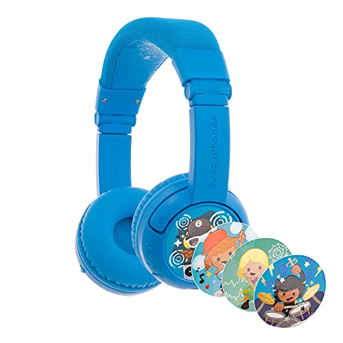 BuddyPhones Play+ - Auriculares inalámbricos para niños con limitación de Volumen con Bluetooth, duración de batería de 20 Horas, Modo de Estudio de Mejora de Voz, Auriculares en la Oreja, Azul frío