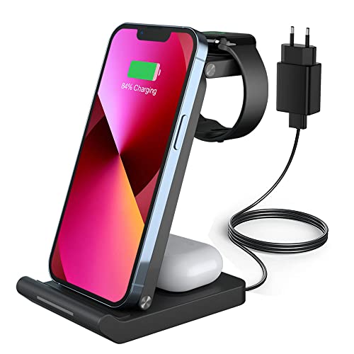 Cargador iPhone Inalámbrico,Base de Carga iPhone y Apple Watch Plegable 3 en 1,Qi Wireless Charger para iPhone 14 13 12 11/Pro/XS/XR/8/Air pods Pro/iWatch 8/7/6/5/4/Samsung/Xiaomi,etc. -Negro