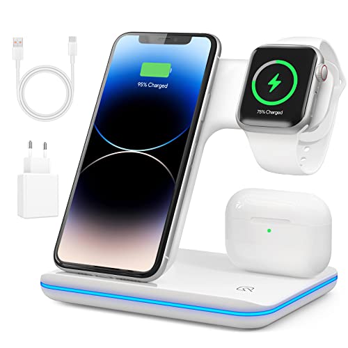 Cargador Inalambrico, Wireless Charger 3 en 1, Base de Carga Compatible con iPhone y Apple Watch, Estacion de Carga Para iPhone 14/13/12/11/XR/XS/X/8 y iWatch 8/SE/7/6/5/4/3/2 y Airpods Pro2/Pro/3/2/1