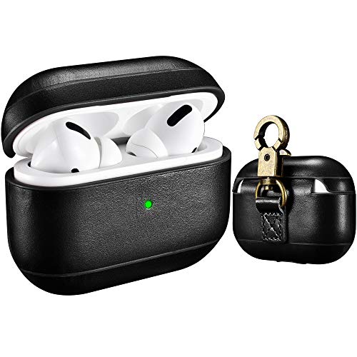 AirPods Pro Funda Case, ICARER Piel Genuina Cuero Luxury Portátil Protección Cover Funda Carcasa con Llavero para Apple AirPods Pro 2019 (LED Frontal Visible) [Carga inalámbrica]-Negro