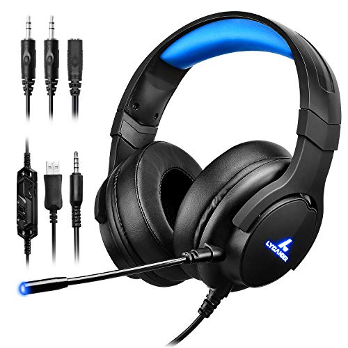 LYCANDER Auriculares de diadema con luz LED y micrófono, cascos con cable, entrada de 3.5mm (para PC, PS4, Xbox One, Nintendo Switch y más), Intermedio - Negro/Azul