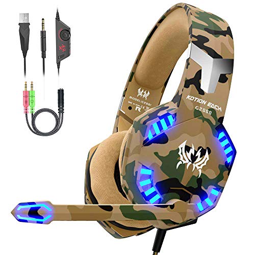 VersionTECH. Auriculares Gaming con Microfono de Diadema-Bass OverEar 3.5mm Jack,Luz LED,Volumen Control,Bajo Ruido para Nueva Xbox One/Nintendo Switch/PC/Ordenador Portátil /Móvil(Camuflaje)