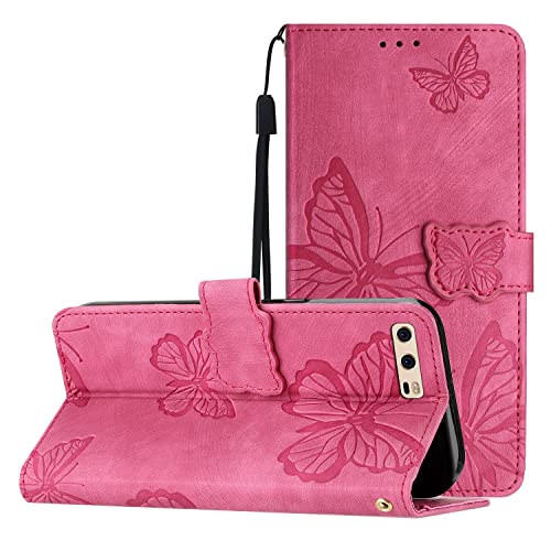 Yiscase Funda de piel compatible con Huawei P10, diseño de mariposa, funda con tapa, tarjetero, función atril, color rojo rosado