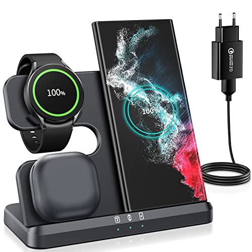 seacosmo Cargador Inalámbrico 3 en 1 para Samsung, Estación de Carga Inalámbrica Rapida para Galaxy S23 Ultra/S22 Ultra/S21/S20/S21 FE/Z Flip 4, Galaxy Watch 5/4/3/Active 2, Galaxy Buds 2/Buds+/Live