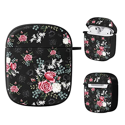 Pnakqil Auricular Funda para Airpods 2 & 1, Premium Negro Silicona Carcasa con Llavero [360° Protección] [Carga inalámbrica] Soft Antigolpes TPU Case con Exquisito Diseño de Patrón - Rosas