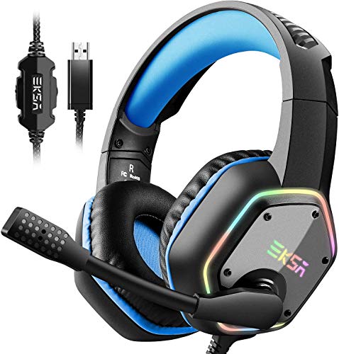 EKSA E1000 Cascos Gaming USB para PC, Over Ear Auriculares Gaming con Cable, Micrófono con Cancelación de Ruido, Sonido Envolvente 7.1, Luz RGB para Consola PS4 / PS5, Laptop