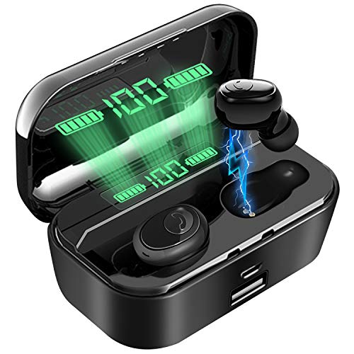 Action Auriculares Inalambricos, Manos Libres Bluetooth Auricular con Cargador Inalámbrico Rápido【LCD Display Batería】, Mini Twins Estéreo In-Ear Bluetooth 5.0 Auriculares, IPX 6 para iPhone y Android