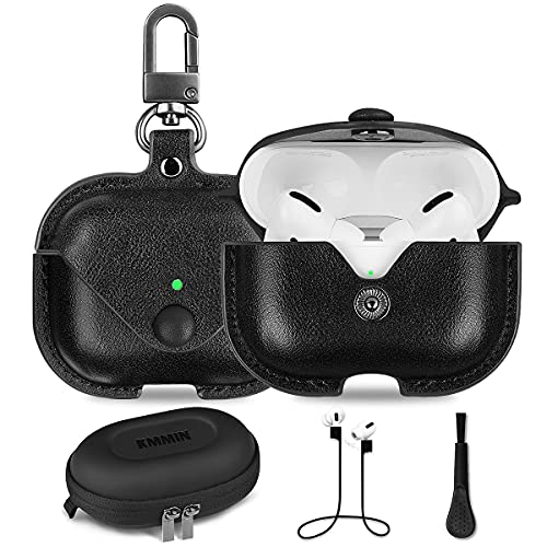 Funda Airpods Pro, KMMIN Funda de Cuero Genuino Airpods Pro con Bloqueo y Soporte para Llavero Carga Inalámbrica, Compatible con Apple Airpods Pro Charging Case 2019 LED Frontal Visible