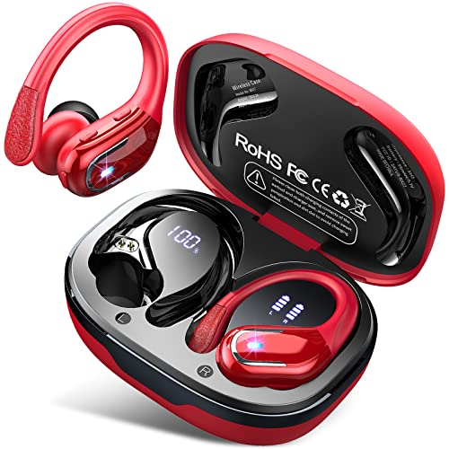 Ltinist Auriculares Inalambricos Deportivos, Auriculares Bluetooth 5.3 con Gancho, 90H de Reproducción, Llamada Clara CVC8.0 con Micrófonos, IP7 Impermeable Cascos Inalambricos Pantalla LED, Rojo