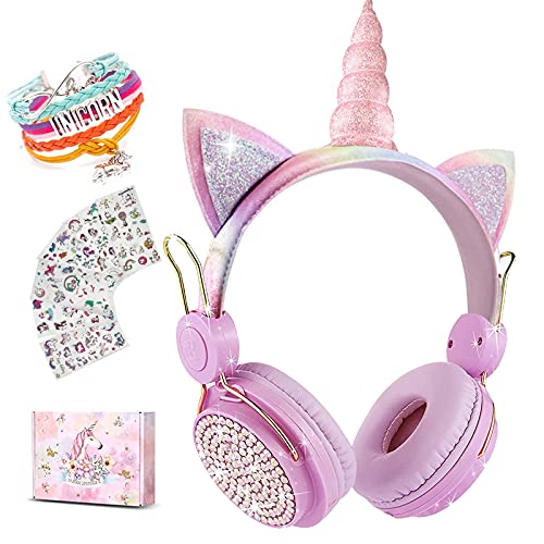 Unicornio Auriculares Niños Inalambricos con Luz LED,Límite de Volumen de 85dB Auriculares Bluetooth Niños, Auriculares Diadema Niños con Micrófono,Cascos Niños para PC/IPad/Estudio/Viaje Regalos