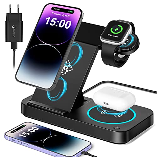 4 en 1 Cargador Inalámbrico Plegable con Adaptador QC 3.0 Estación de Carga Rápida Wireless Charger Base de Carga Rápida Carga Type C Compatible con iPhone iWatch AirPods en Casa Viaje Oficina