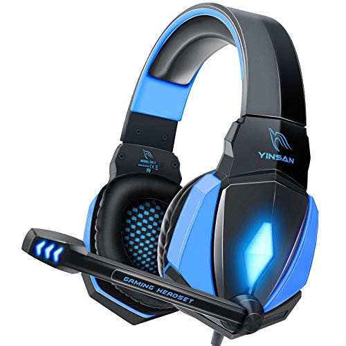 YINSAN Auriculares Gaming PS4, Cascos Gaming con Micrófono Estéreo 3D, Ruido Reducción, Iluminación RGB, Gaming Headset con Control de Volumen para PC/Xbox One/Tableta/Mac/Nintendo Switch (Azul)