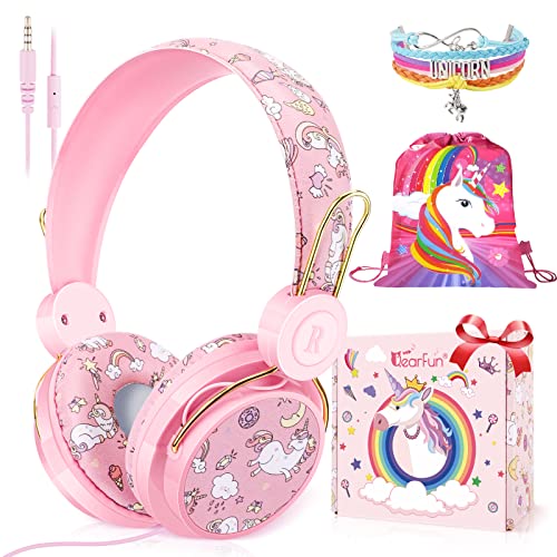 Auriculares para Niñas, Hermosos Auriculares Unicornios para Niños con Micrófono, Auriculares Ajustables para Niñas(3-12 Años), Cascos Infantil para Escolar/Avión/Tablet, Regalo Unicornio para Niñas