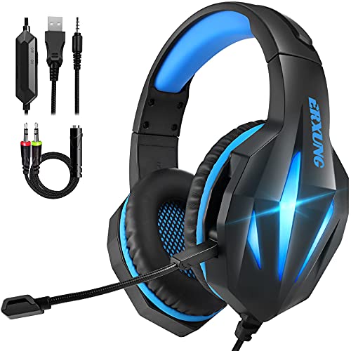 HAMTOD Cascos Gaming PS4 Switch, Auriculares Gaming Xbox One con Micrófono Reducción de Ruido, 50mm Drivers Sonido Envolvente y Luz LED,Auriculares para Juegos PS4 PS5 PC Mac Tableta(Azul)