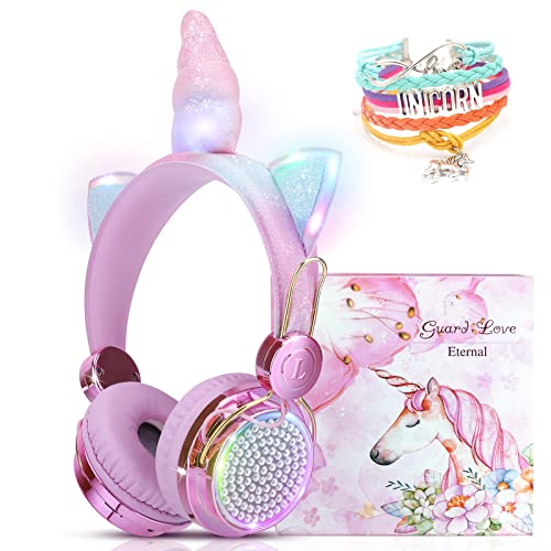 Auriculares inalámbricos para niños, lindos auriculares de unicornio para niños, Bluetooth con luces LED brillantes para niñas, auriculares ajustables para niños con micrófono para la escuela