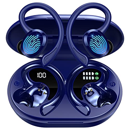 Auriculares Inalambricos Deportivos, Auriculares Inalámbricos Bluetooth 5.3, 48H Estéreo Cancelacion Ruido con Mic, IP7 Impermeable, Cascos Inalambricos, Carga Rápida, Tipo-C, Dual Pantalla LED[Azul]