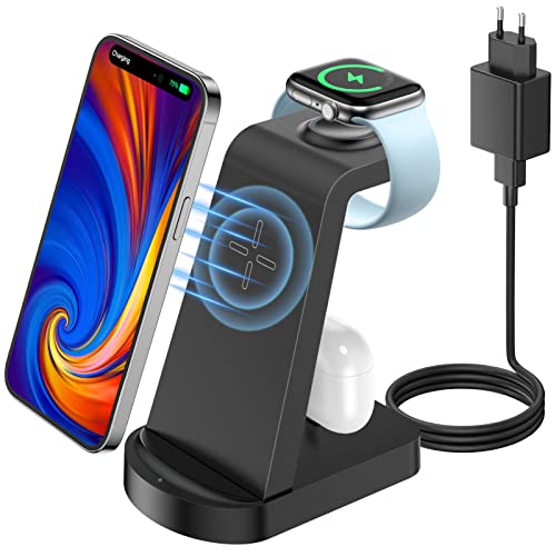 bakibo Cargador Inalambrico, 3 en 1 Estacion de Carga Inalámbrica para iPhone 14/Plus/Pro/13/12, Rapido Cargador Inductiva para Apple Watch 8/Ultra/7/6/SE, AirPods 3/2/pro (con Adaptador), Negro