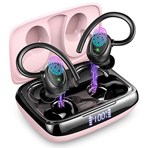 Auriculares Inalambricos Deportivos, Auriculares Bluetooth 5.3 con Mic Bass, Cascos Inalambricos Bluetooth Reducción de Ruido, In-Ear Auriculares Deporte Running Sport IP7 Impermeable 48H LED Rosa