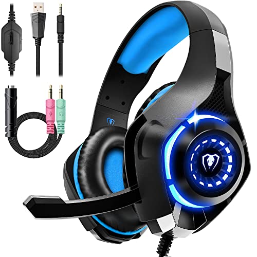 Tatybo Cascos Gaming Premium Stereo con Microfono para PS4 PS5 PC Xbox One, Auriculares Gaming con Bass Surround Cancelacion Ruido, Diadema Acolchada y Ajustable (Azul)