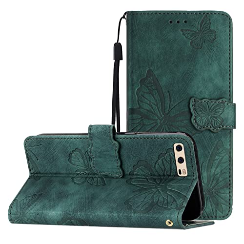 Yiscase Funda de piel compatible con Huawei P10 Plus, diseño de mariposa, con tarjetero, función atril, color verde