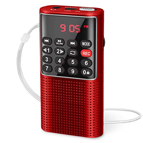 PRUNUS J-328 Radio FM Portatil con grabadora, Radio Portatil Pequeña Recargable, Mini Radio de Bolsillo con Reproductor de música SD/TF/AUX, Radio Pequeña para Correr, Viajar.(Rojo)