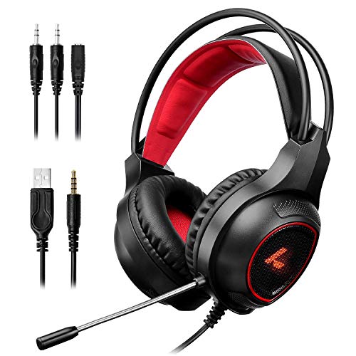 LYCANDER Auriculares de diadema con luz LED y micrófono, cascos con cable, entrada de 3.5mm (para PC, PS4, Xbox One, Nintendo Switch y más), Esencial - Negro/Rojo