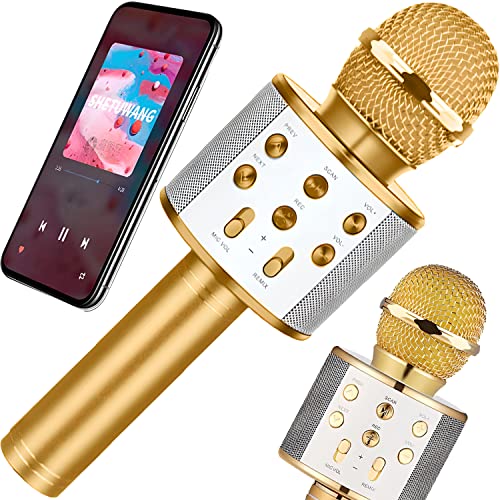 Retoo Micrófono inalámbrico 2 en 1 con Bluetooth Dorado con Altavoz de 5 W, Cable de Audio, 4 Efectos de Sonido y hasta 14 Horas de diversión, Regalos para Adolescentes niñas Compatible Android/iOS